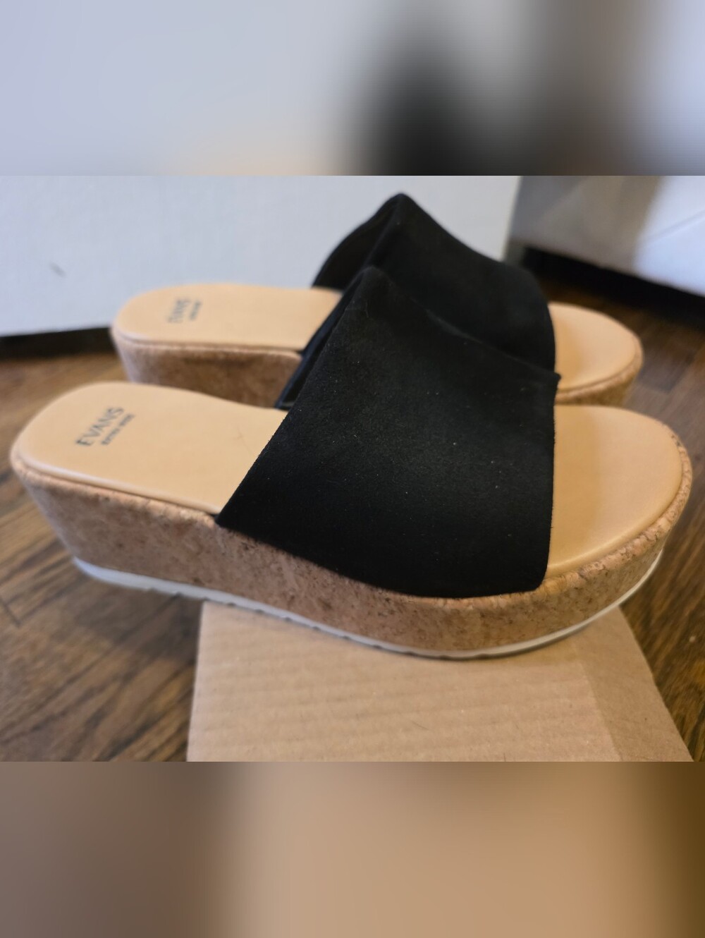 Evans Wide Slip-On Cork Platform Sandals Black Suede 10W